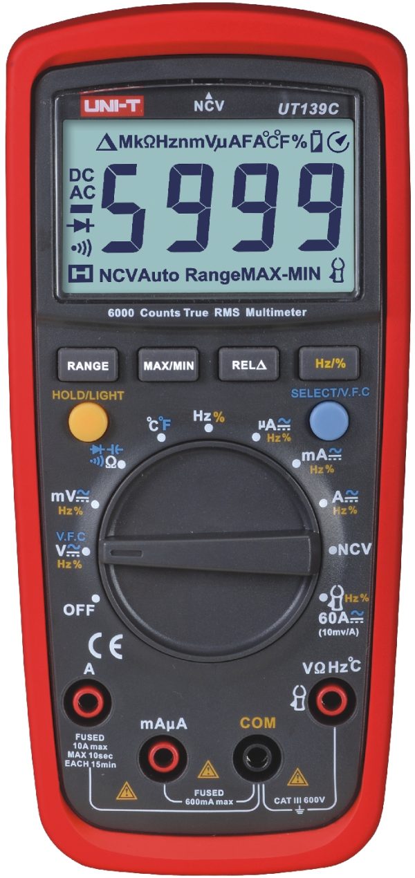 Multimetro Digital 6000 Counts RMS. Detección de Voltaje sin contacto.  Indicador de baja bateria.