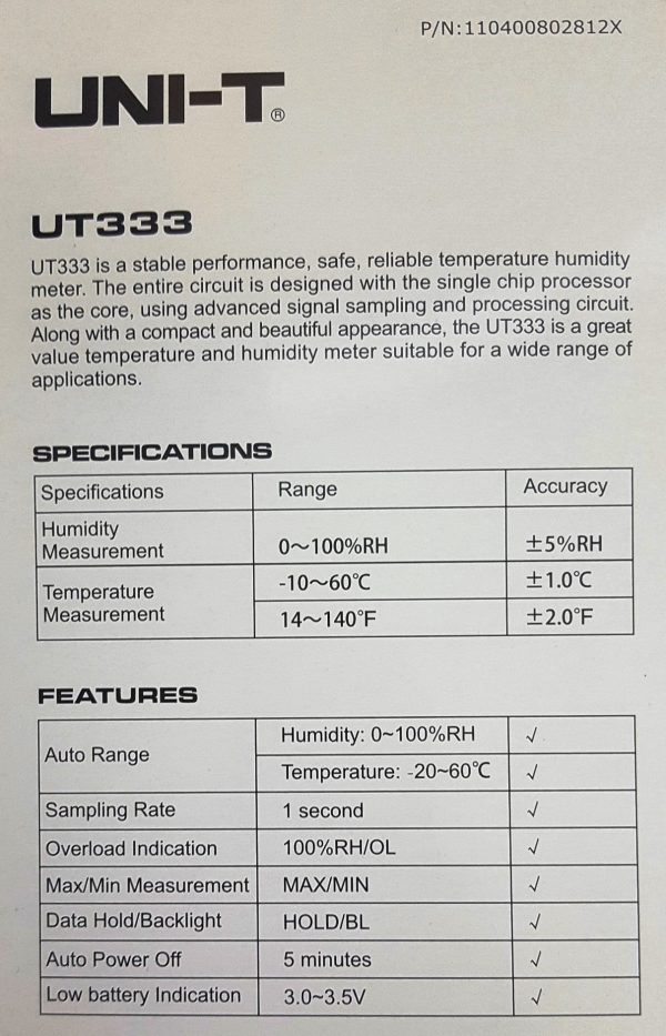 Medidor Temperatura y Humedad Higrometro UT333 UNIT